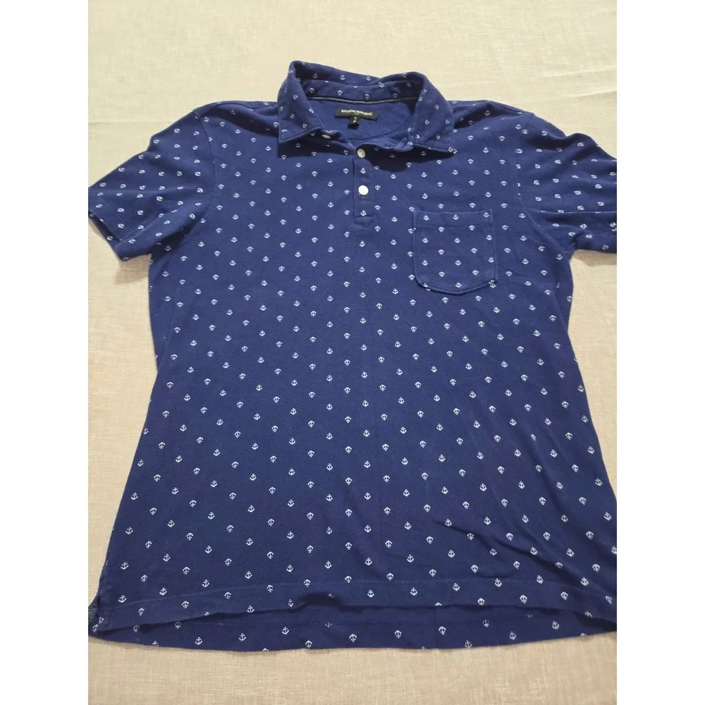 Banana Republic Mens Navy Blue Anchor Print Short Sleeve Pique Polo Shirt Small